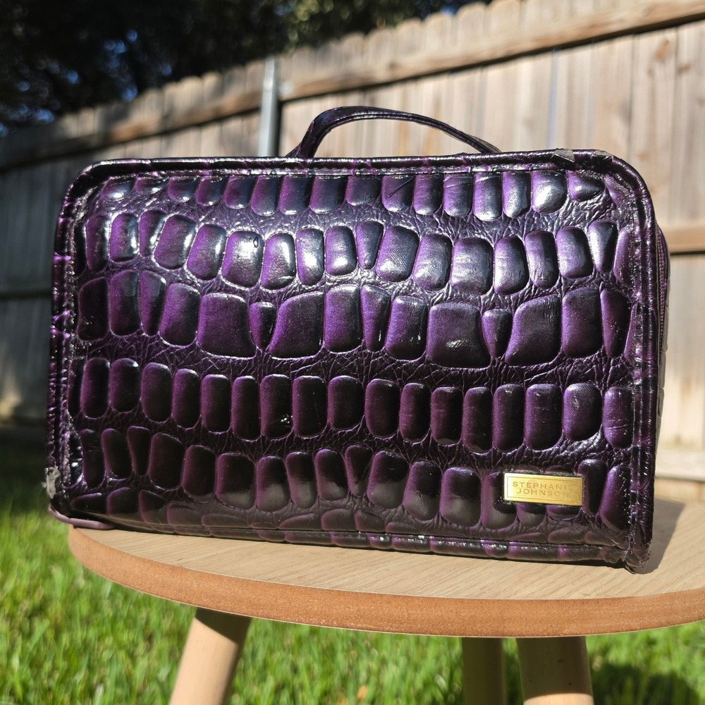 Stephanie Johnson Purple Croc Embossed Cosmetic Case Neon Yellow Interior Travel